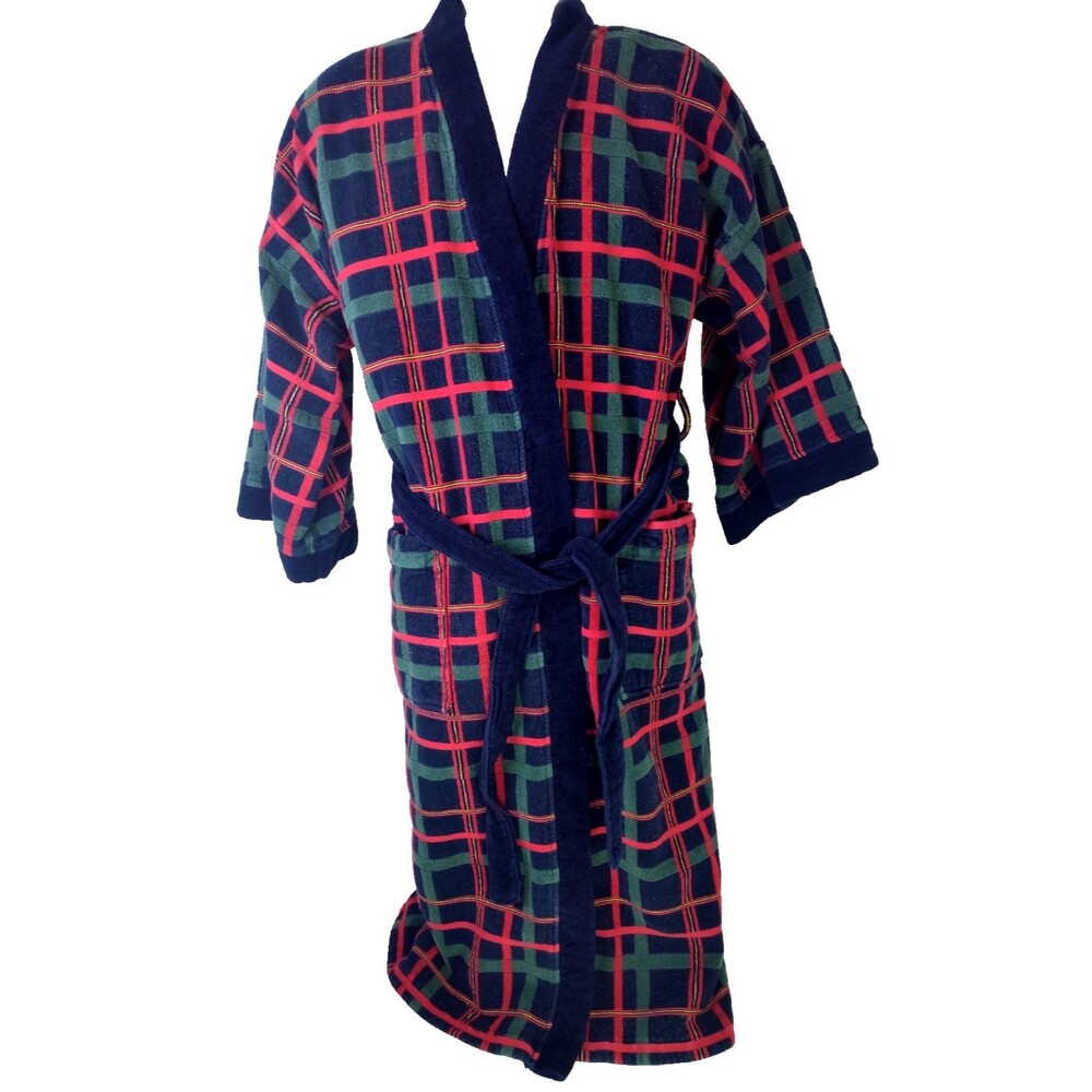 Vtg Knightsbridge Mens Robe OSFM 100% Cotton Thick Terry Cloth Blue Red Plaid